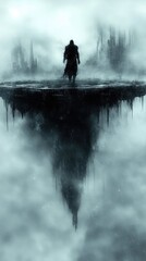 Obraz premium Solitary figure stands on a floating landmass amidst swirling mists, below it a spire