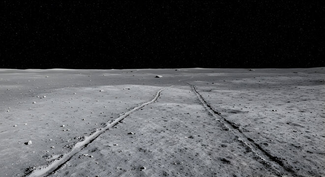Lunar surface exploration: Tracks left by a rover on the desolate moonscape