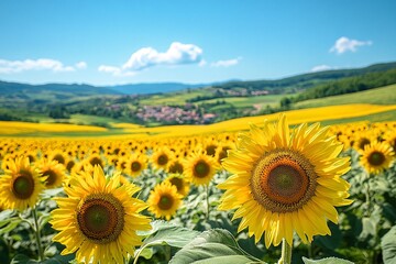 Obraz premium Vibrant sunflowers in a picturesque field bathed in sunlight, creating a stunning summer landscape.