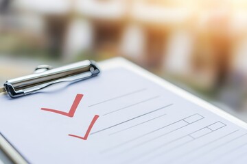 Close up of a white clipboard with red check mark on paper, emphasizing real estate sales checklist
