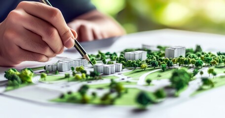 Une personne cr&eacute;ant une maquette architecturale d'une ville, avec des espaces verts et des b&acirc;timents, un crayon dans la main, concept de construction pour un d&eacute;veloppement urbain durable.