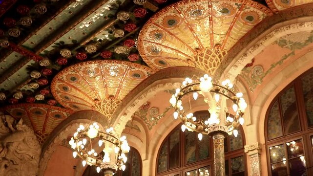 Barcelona, Spain - March 7th 2025: Ceiling of the Palau de la Musica Catalana