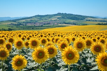 Obraz premium Vibrant sunflowers in a vast field, stretching towards a picturesque countryside under a clear blue sky.