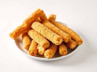 Close-up of a stack of crispy, golden-brown cheese-filled snack sticks arranged on a white plate against a plain white background