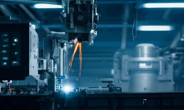 High tech industrial facility with robotic arms operating at night