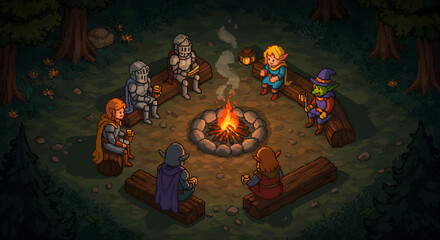 Pixel Art Gathering Around a Campfire with Fantasy Characters in Forest Setting