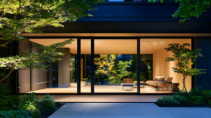 Fototapeta premium Modern House Exterior At Night With Glass Doors And Garden