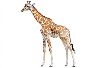 Fototapeta premium Standing Giraffe on White Background a Tall Mammal with Brown Spots