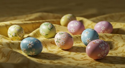 Colorful Easter eggs decorated with daisy flower patterns on soft yellow fabric, celebrating spring and renewal