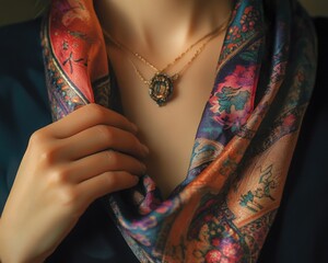 A close-up shot of a woman wearing a scarf and necklace, perfect for use in fashion or lifestyle contexts
