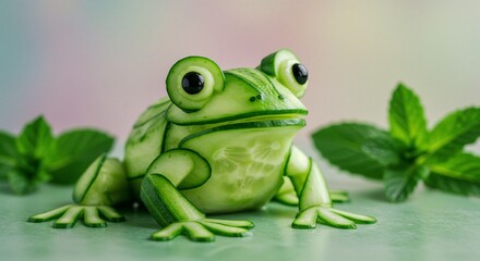 Obraz premium Frog sculpture made of cucumbers surrounded by mint leaves on a colorful background
