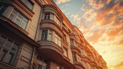 Obraz premium Ornate building facade reaches towards colorful sunset