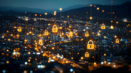 Fototapeta premium Cityscape At Night With Security Locks Overlay
