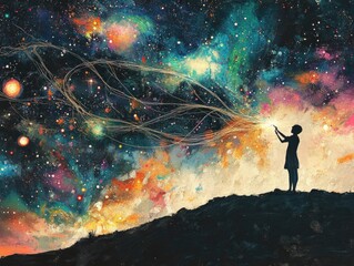 A person standing on a hill holding a magical wand, great for fantasy or adventure scenes