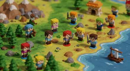 Whimsical Pixel Art Board Game with Playful Mini Figures on a Colorful Landscape