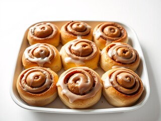 Fototapeta premium Close-up of several freshly baked cinnamon rolls arranged on a white rectangular platter