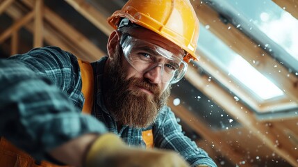 A determined contractor, outfitted with protective gear, focuses intently on a project, showcasing commitment to safety and excellence in construction amidst a dynamic work environment.
