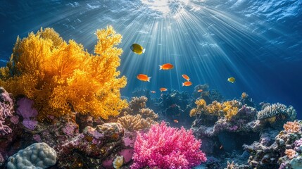 Fototapeta premium Sun-drenched coral reef bursts with color! A bright yellow sea fan stands out in this vibrant underwater scene teeming with fish