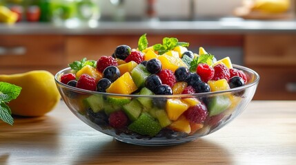 Vibrant fruit salad in a bowl on a wooden table with kitchen background and natural light