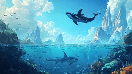 Obraz premium Orcas dive between sky and undersea world.