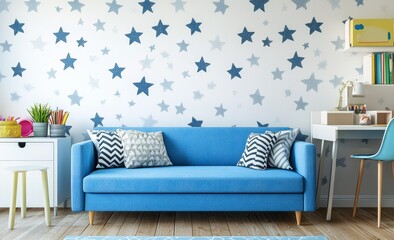 Fototapeta premium Charming modern children s room featuring a blue sofa, starry wallpaper, and cozy wooden flooring