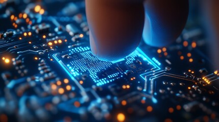 Close up of a finger interacting with a glowing blue circuit board and chip in macro photography
