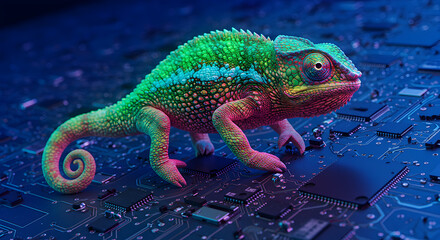 A vibrant chameleon merges seamlessly with a complex neon glowing circuit board