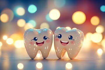 Obraz premium Charming smiling tooth characters posing together against a sparkling bokeh background
