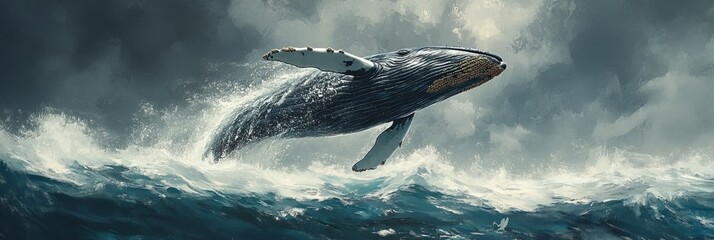 Fototapeta premium Majestic whale breaching ocean waves under stormy sky