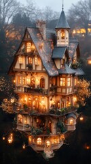 Naklejka premium Multi-tiered building with warm lights nestled amid trees, reflected in water