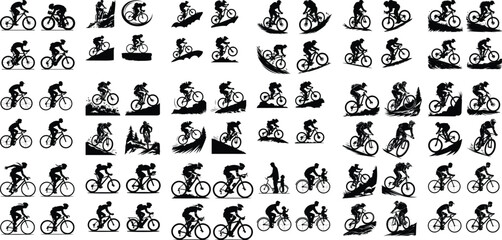 Silhouettes of People Exercising people riding bicycles silhouette on white background vector Silhouette of a person riding a bicycle