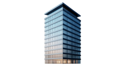 minimalist high-rise office building with a sleek, rectangular design and numerous windows. Perfect for urban and business-related visualizations. Isolated on transparent background.