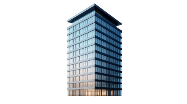 minimalist high-rise office building with a sleek, rectangular design and numerous windows. Perfect for urban and business-related visualizations. Isolated on transparent background.