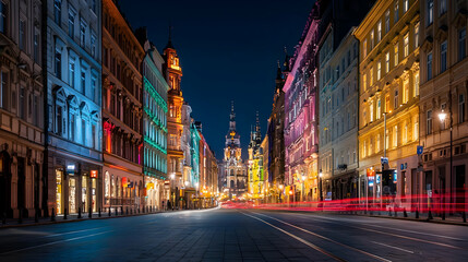 Colorful Illuminated European City Street At Night