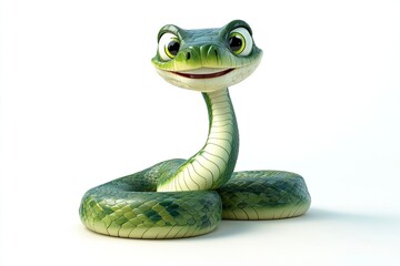 Cute Smiling Cartoon Snake with Green Scales on a White Background