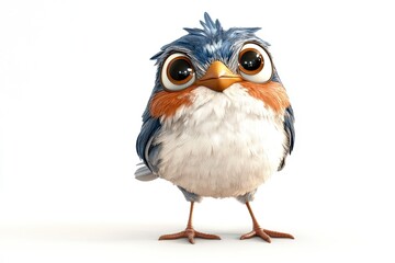 Fototapeta premium Cute Cartoon Bird Standing with Big Eyes Isolated on White Background