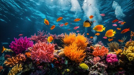 Fototapeta premium Lush coral reef teeming with life! Brilliant blues, oranges, and yellows shimmer beneath sunlit waters. A captivating underwater paradise