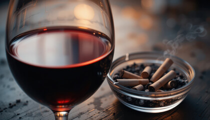 Red Wine Glass and Cigarettes on Dark, Moody Still Life Concept