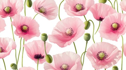 Fototapeta premium Seamless floral pattern with soft pink poppy flowers on a clean white background – elegant botanical design for fabric, wallpaper, and stationery applications