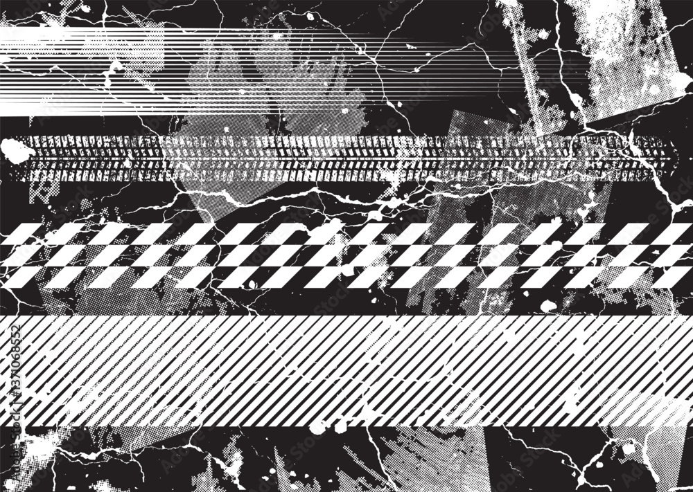 Aufkleber Glitch distorted grunge layer . Noise destroyed texture. Checkered race grunge flag . Overlay grunge texture .Distressed effect .Vector shapes with a speed lines and tire tracks screen print texture.
