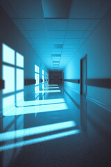 Serene Hospital Corridor Bathed in Soft Blue Light with Long Shadows