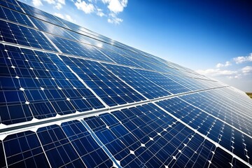 Aerial view of solar panels in photovoltaic power station fields under clear sky in china