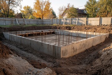 New concrete home basement foundation under construction in suburban area with pouring process