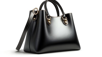 Elegant black leather handbag with gold accents, smooth texture, premium stitching, modern design, isolated on solid white background.