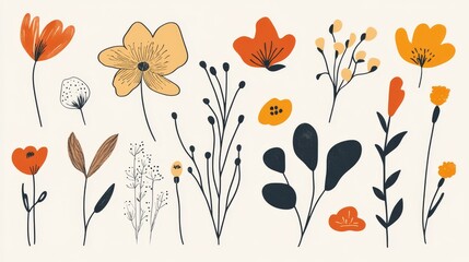 Vector set of hand-drawn minimalist floral and abstract doodle elements – modern botanical illustrations for branding, packaging, prints, and social media graphics