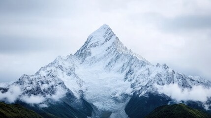 Obraz premium Majestic snow-capped mountain peak piercing the clouds, a stunning vista of a rugged mountain range. Lush green valleys nestle at the base, contrasting with the icy white summit