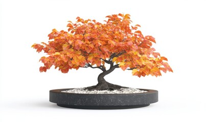 Autumn bonsai tree in pot on white background, minimalist zen garden style