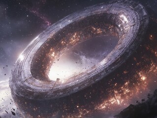 Obraz premium an alien megastructure encircling a black hole exhibiting multifaceted metallic surfaces reflecting the luminescent halo of the black hole