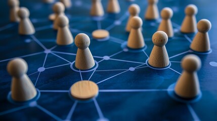 Obraz premium Wooden figures placed on blue network diagram representing digital connections, social networking, communication, and teamwork concept