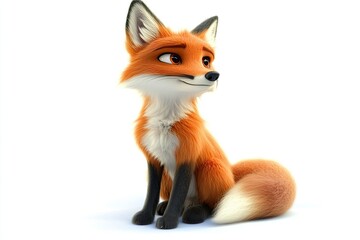 Obraz premium Cartoon Fox Sitting and Smiling Isolated on White Background Looking Away